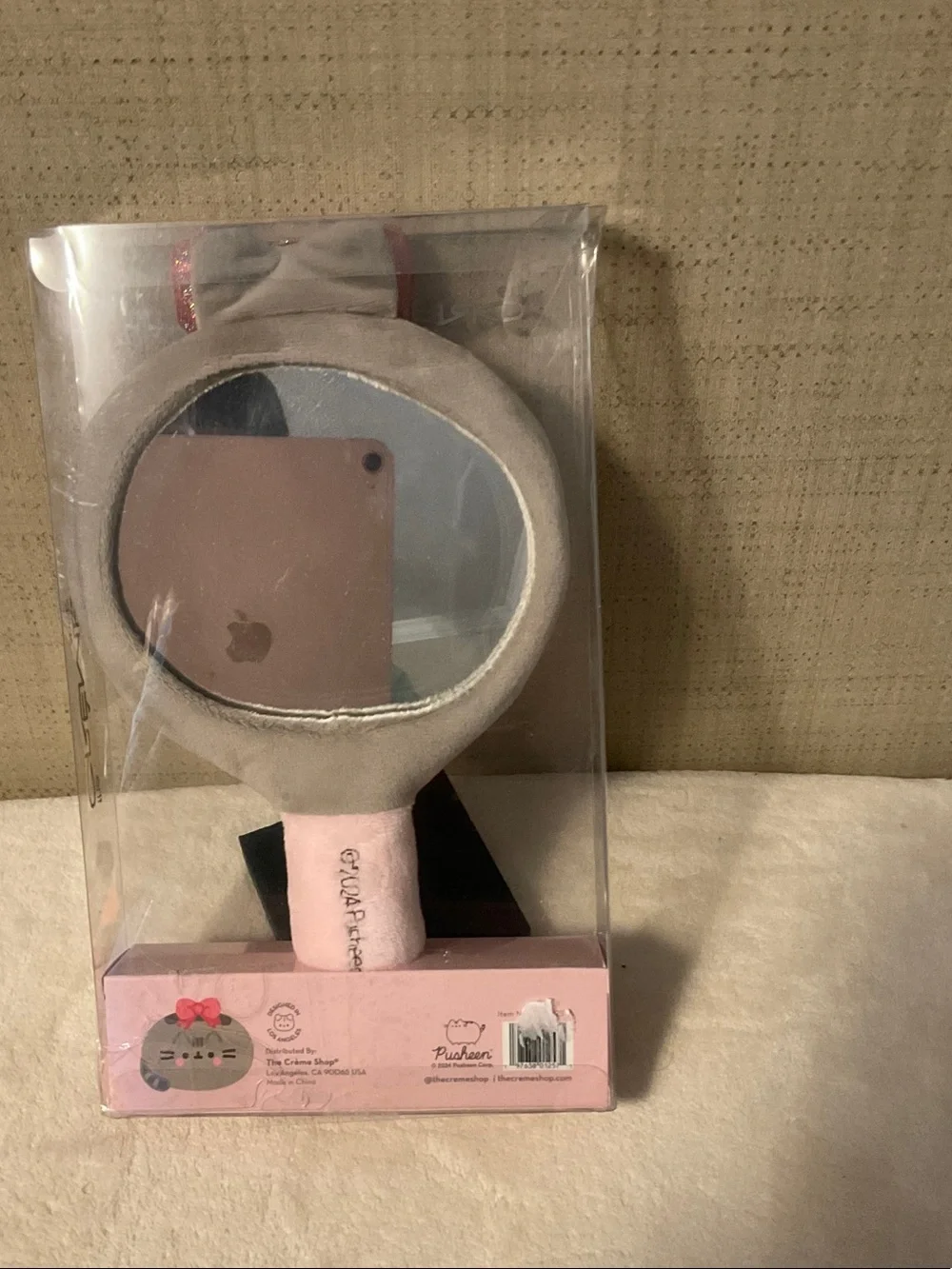 Pusheen Plush Portable Mirror - Gray with Pink Glitter Bow